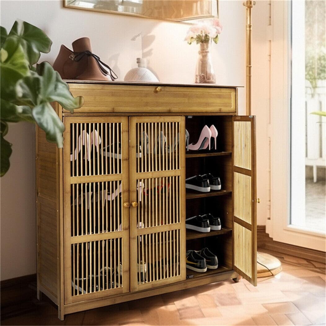4 Tier Bamboo Shoe Cabinet with Drawer & Lockable Doors - Space Saving Organizer