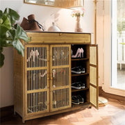 4 Tier Bamboo Shoe Cabinet with Drawer & Lockable Doors - Space Saving Organizer
