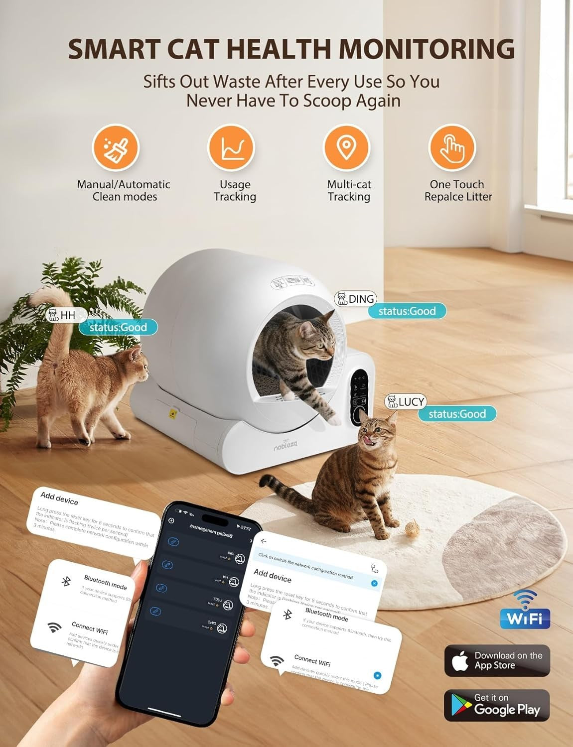 Self Cleaning Cat Litter Box APP Control 70L Multi Cat Odor Control