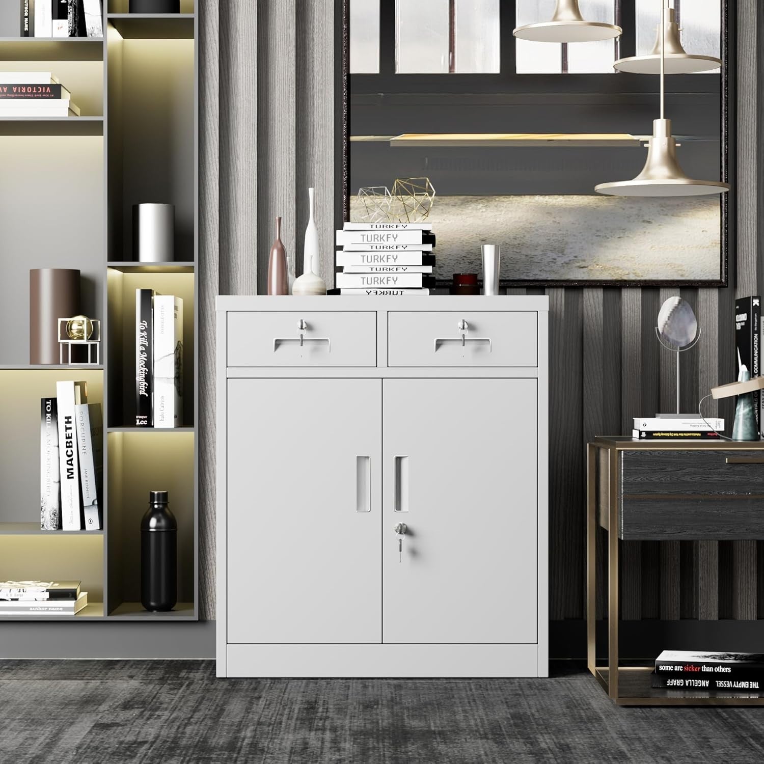 Lockable Metal Storage Cabinet 2 Doors 2 Drawers Adjustable Shelves 92x80x40cm