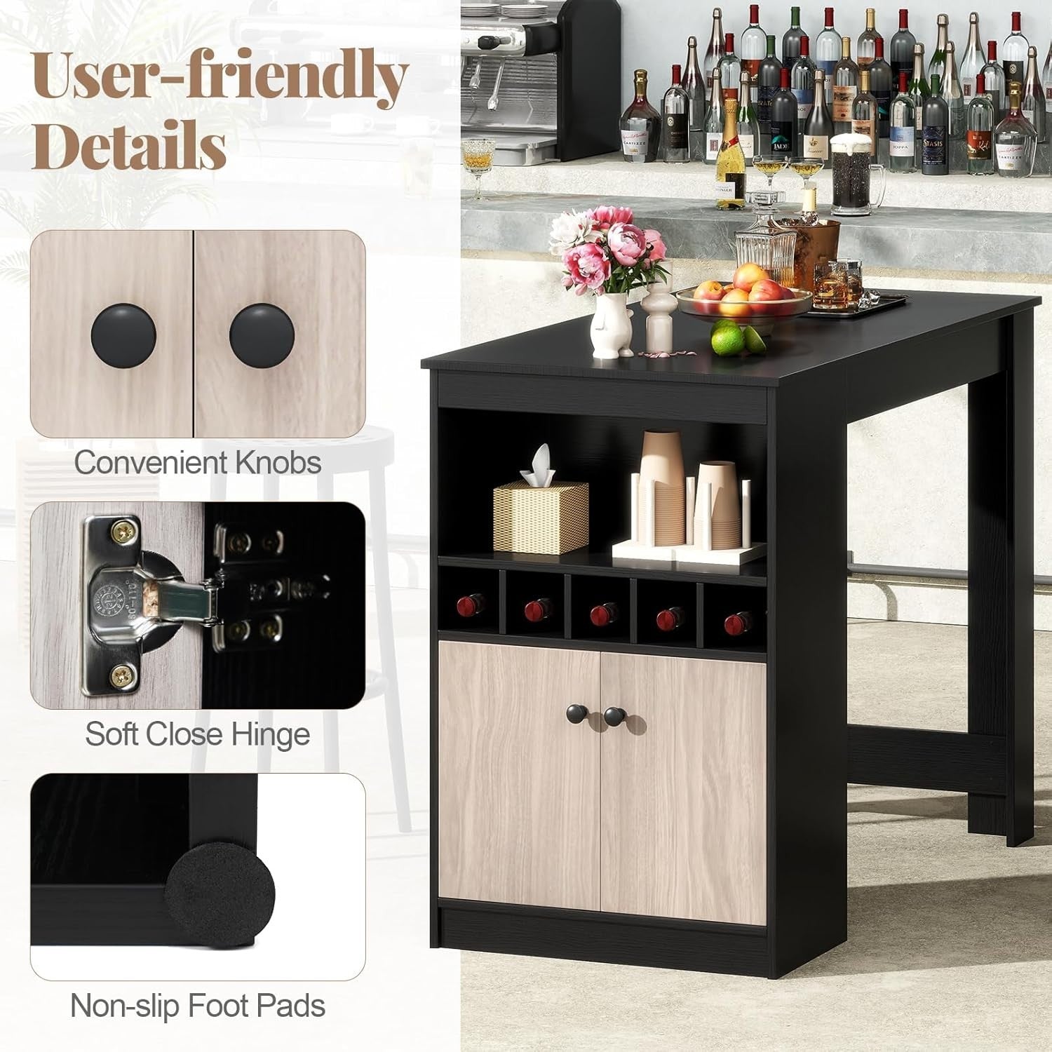 120cm Counter Height Bar Table with Storage, Wine Rack & Adjustable Shelf Unit