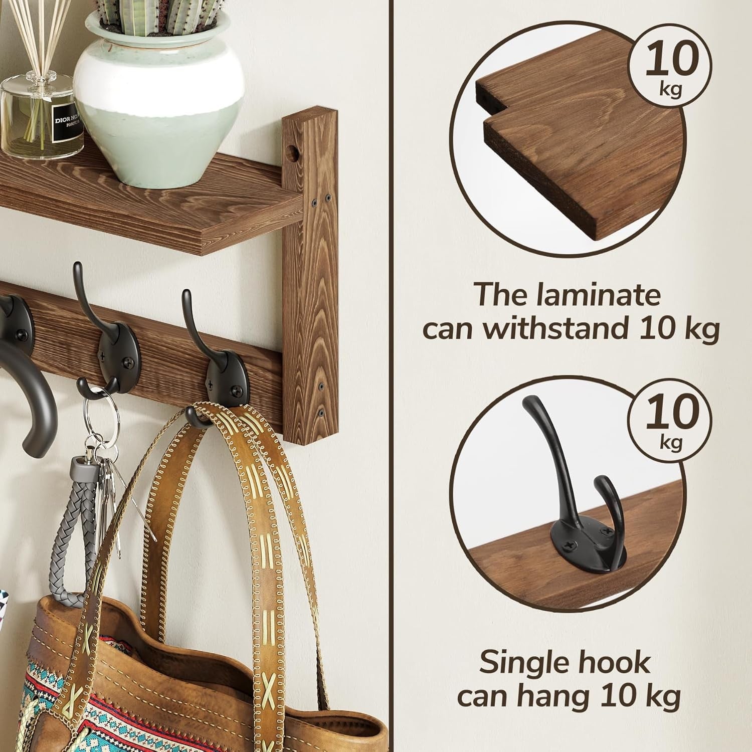 Wooden Wall Hook Rack with Shelf 87cm | 10 Hooks for Coats Hats Bags
