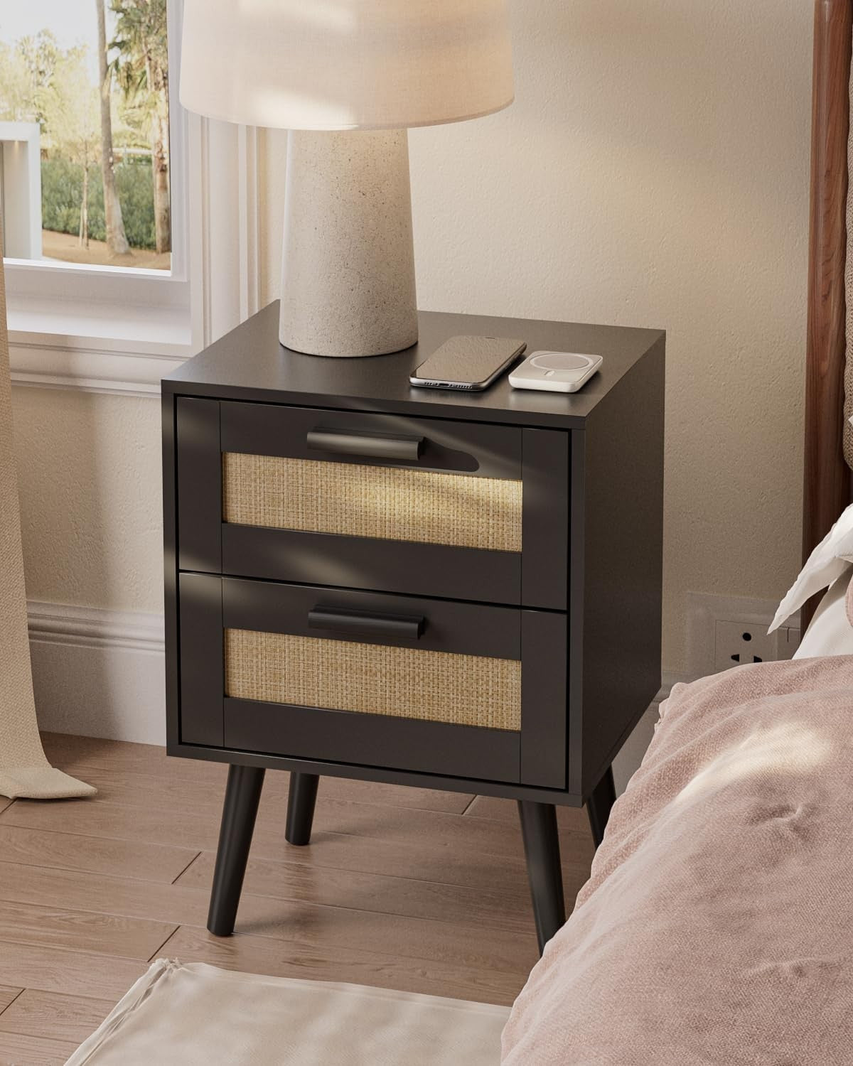 Rattan Bedside Table with 2 Drawers – Modern Wood Nightstand Storage