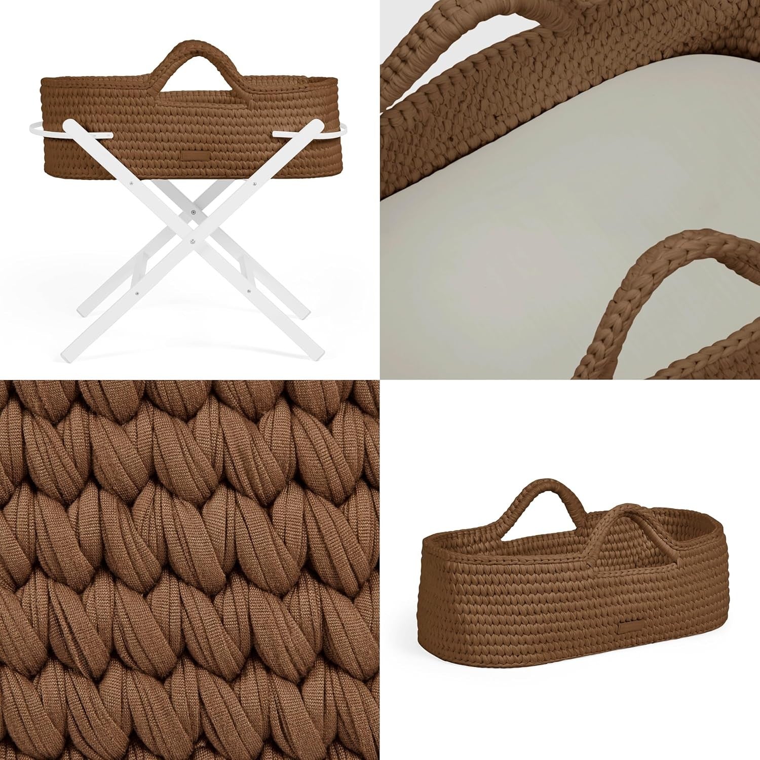 Crochet Moses Basket with Foldable Stand & Mattress Lightweight Mocha White
