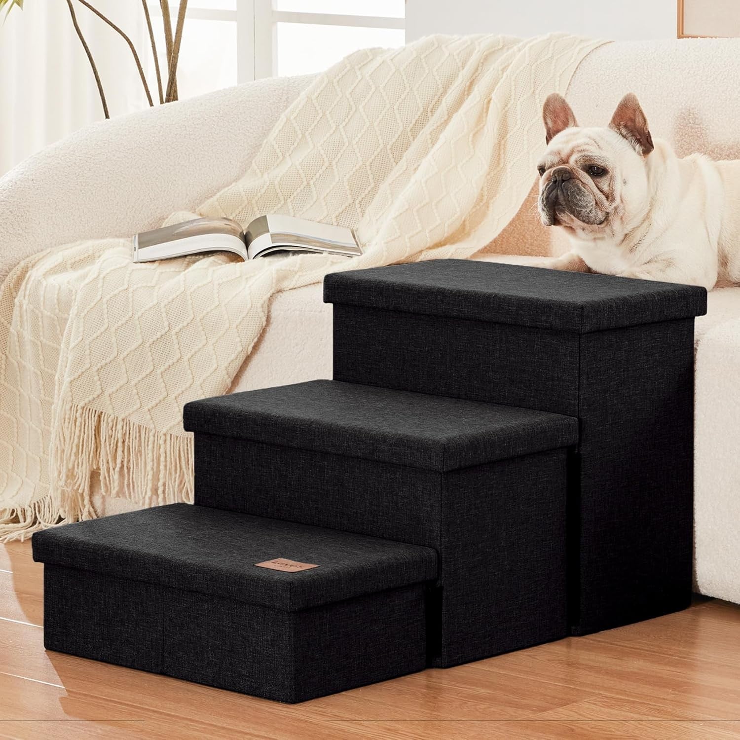 Dog Stairs 3 Step with Storage 18" High Foldable Pet Steps Black