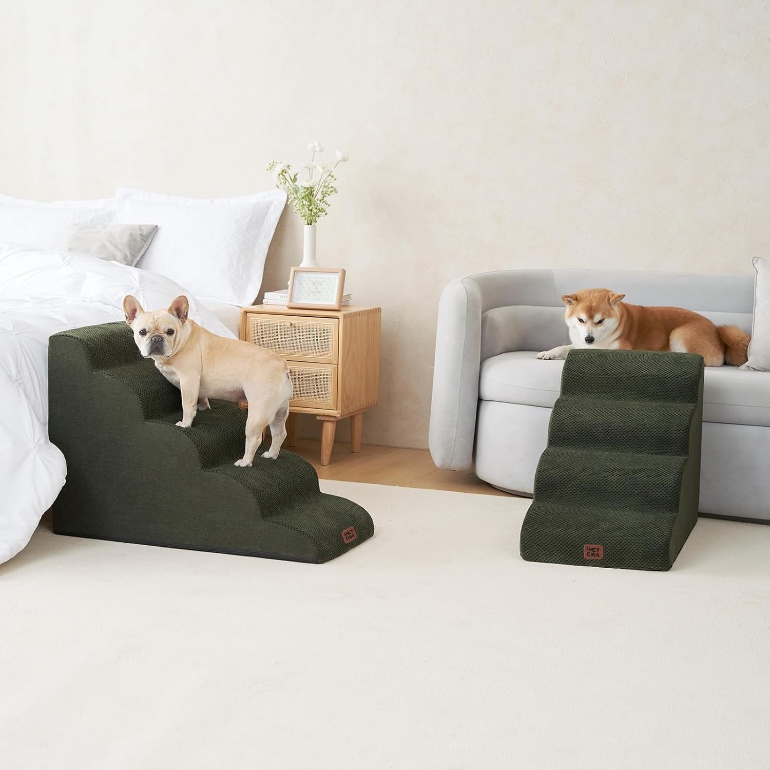 4 Step Dog Stairs for High Bed Non Slip Foam Pet Steps Olive