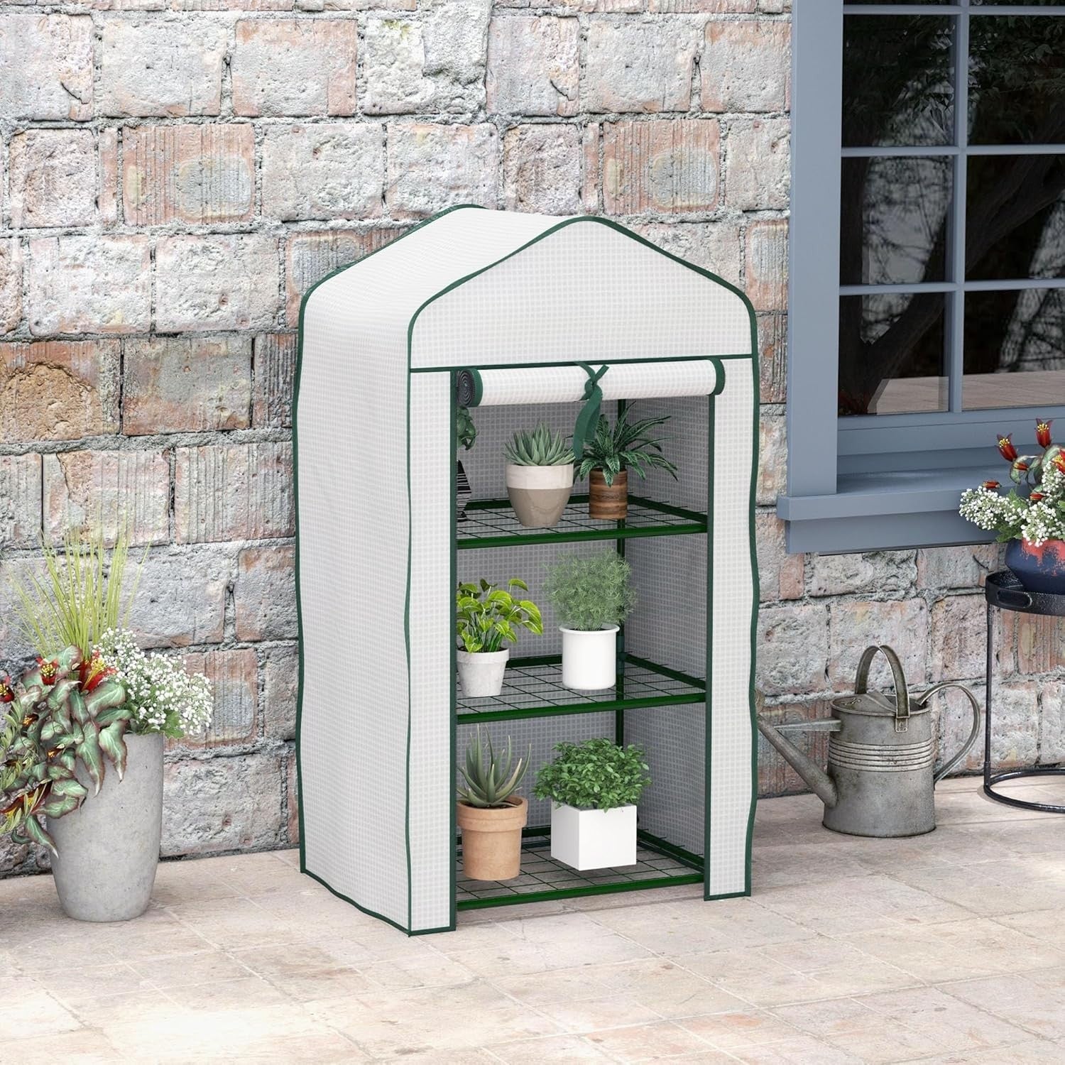 3 Tier Mini Greenhouse with Reinforced PE Cover Roll-Up Door for Plants