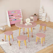 Kids Wooden Round Pink Table & 4 Chair Set, Sturdy Toddler Activity Furniture