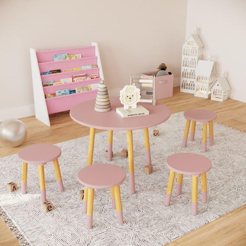 Kids Wooden Round Pink Table & 4 Chair Set, Sturdy Toddler Activity Furniture