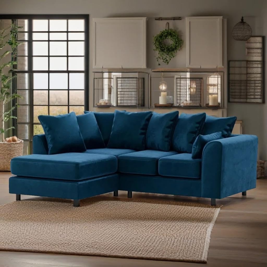 Modern Blue Plush Velvet 4 Seater L Shape Sofa - Comfy Modular Corner Couch