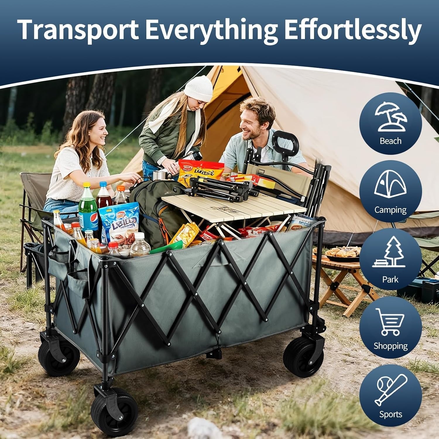 Heavy Duty 250L Camping Trolley Wagon All-Terrain Wheels Adjustable Handle Grey