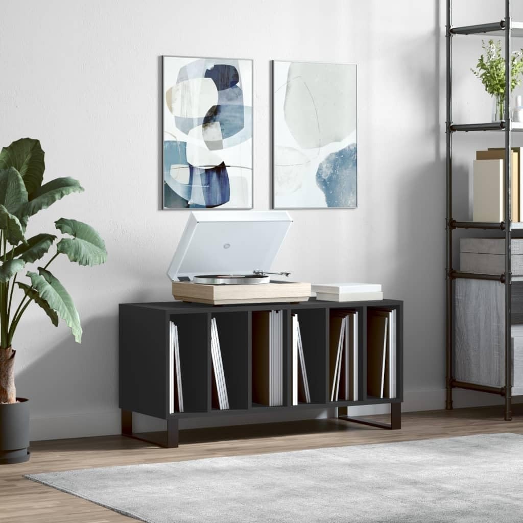 Black Wood Vinyl LP Cabinet w/ Iron Feet – 3-Tier Storage, Durable Build