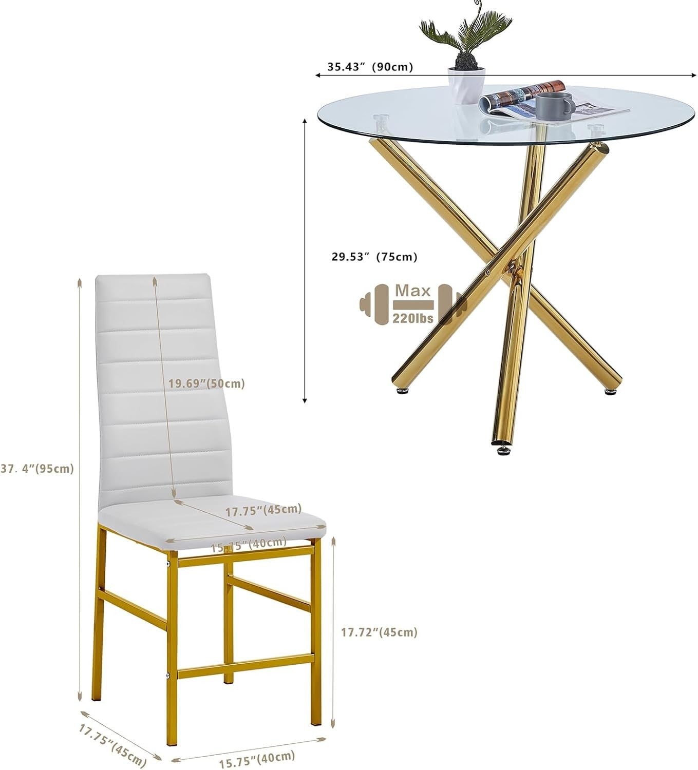 Glass Round Dining Table Set 4 Chairs Gold Legs Small Space Kitchen