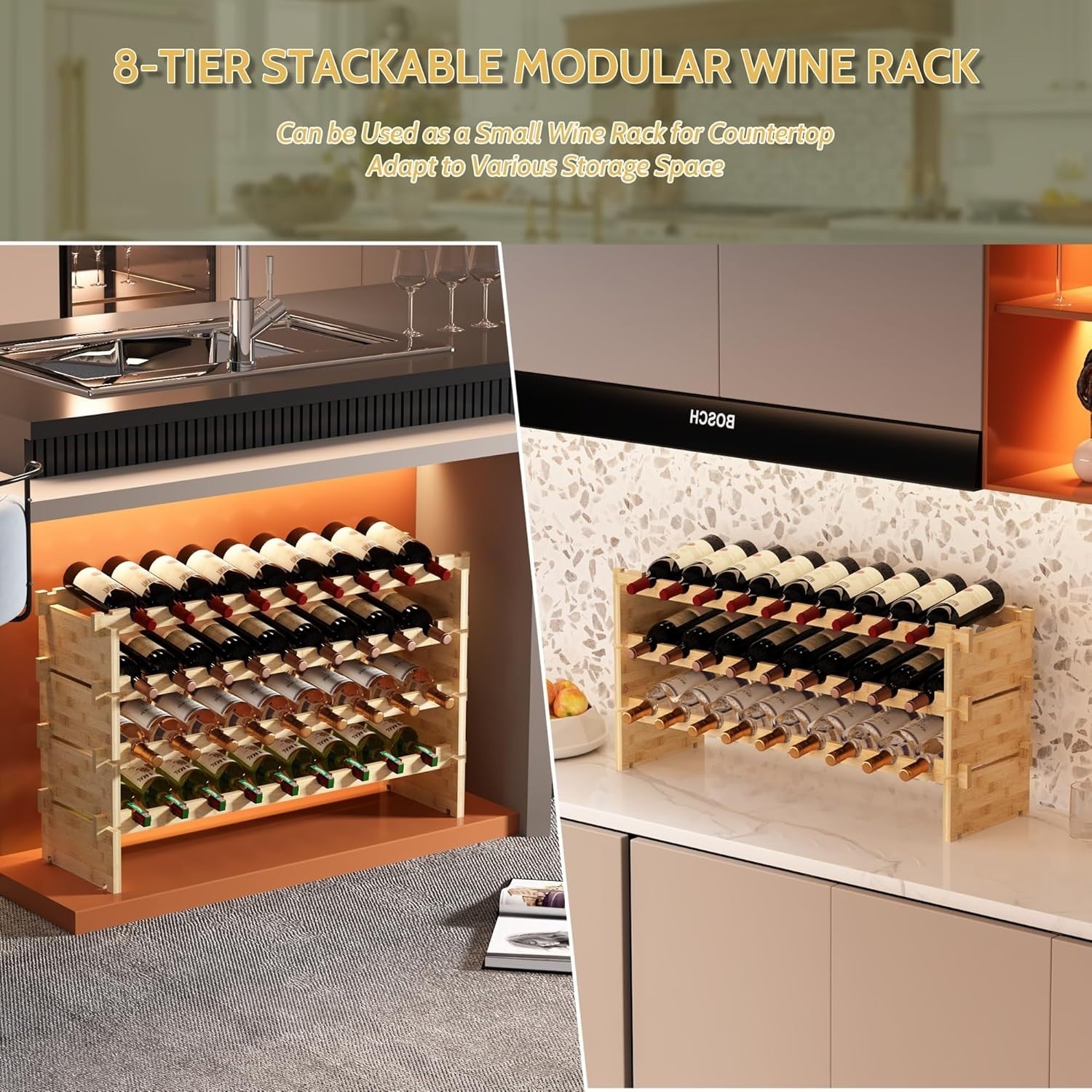 69 Bottle Wine Rack Floor Standing Natural Bamboo 8-Tier Stackable Storage Shelf