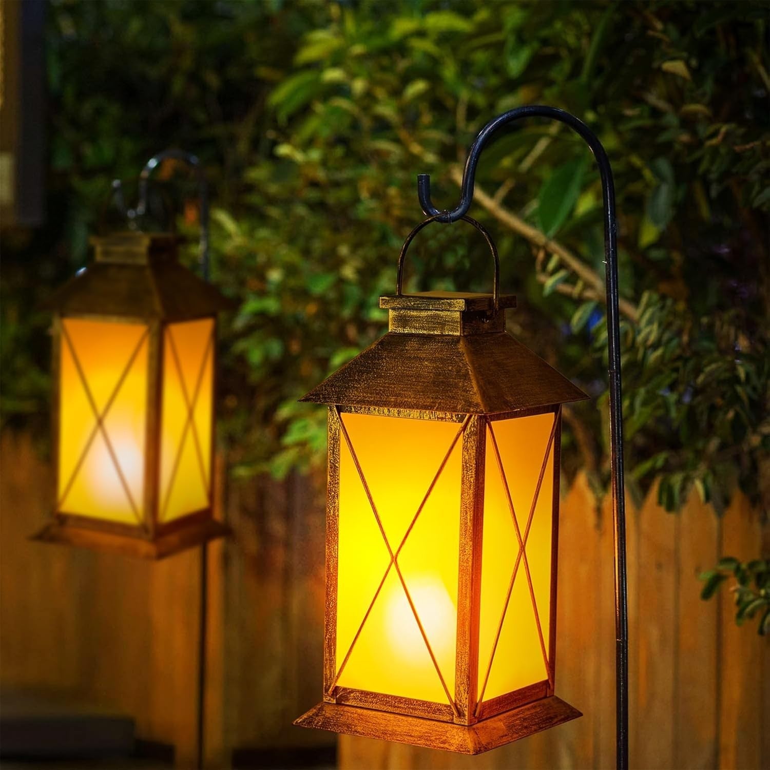 2-Pack Solar Lanterns Flickering Flame 13" Glass Metal Outdoor Lights