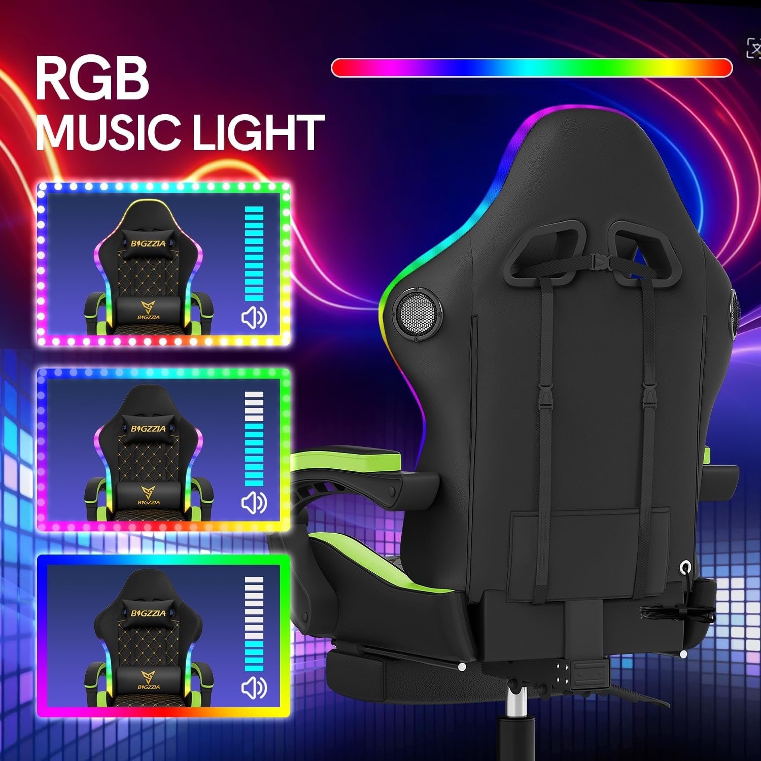 Gaming Chair Bluetooth Speakers LED Lights Recliner Footrest
