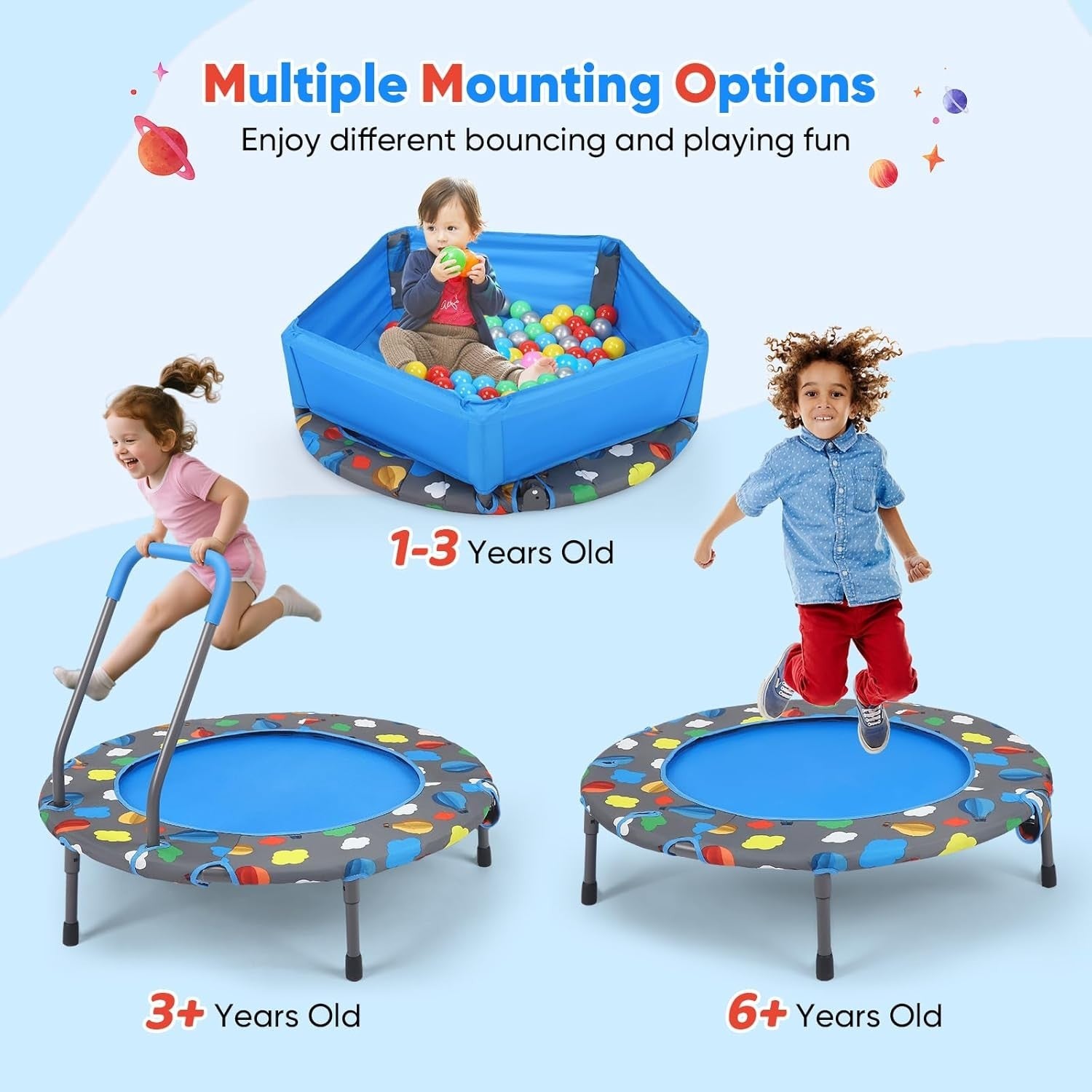 Kids Mini Trampoline Foldable with Adjustable Handle Ball Pit 330lb
