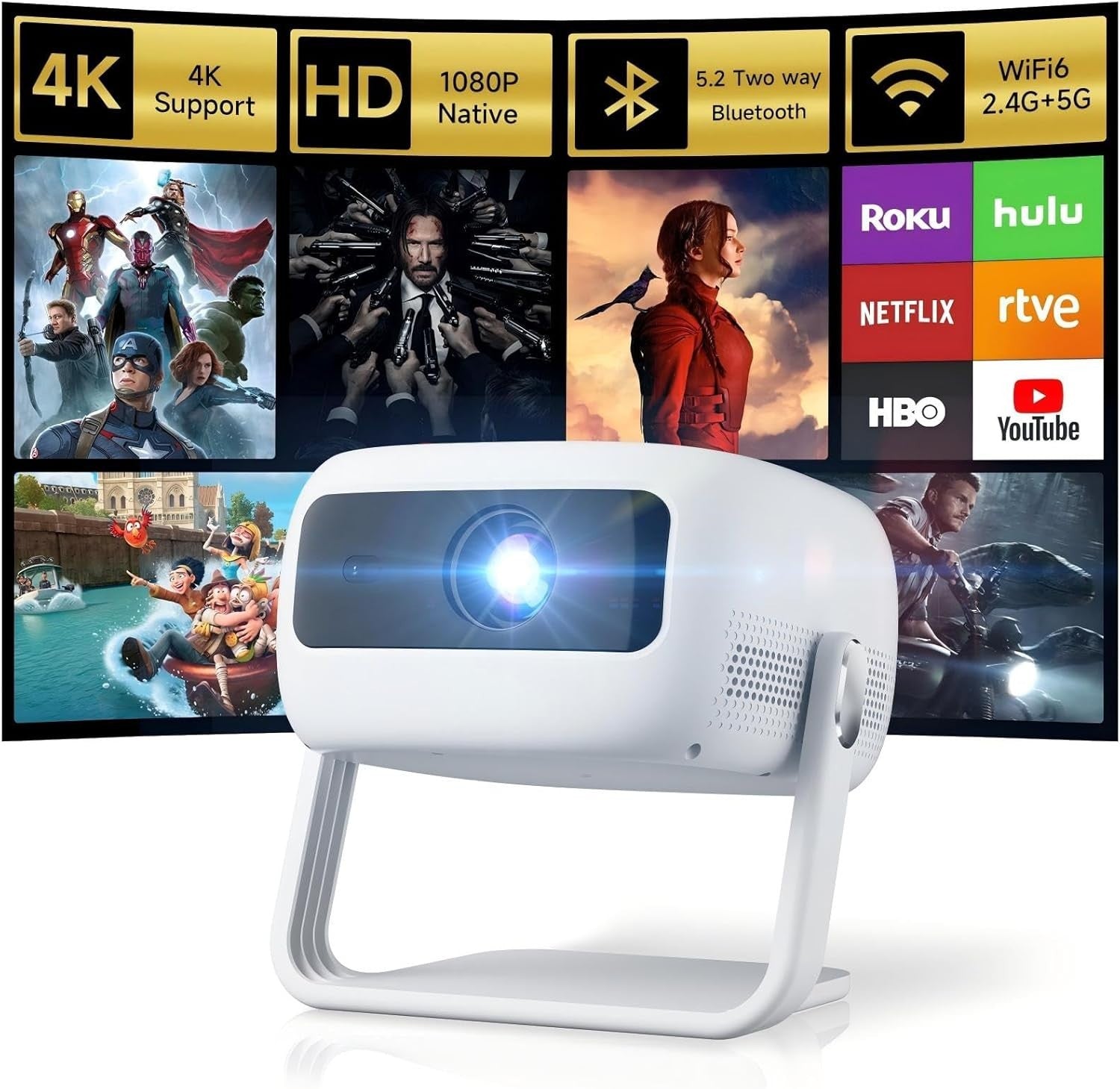 1080P Mini Projector WiFi 6 Bluetooth 360° Stand Auto Keystone 4K Support
