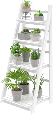 4 Tier Wooden Ladder Plant Stand Foldable Display Shelf Indoor Outdoor White