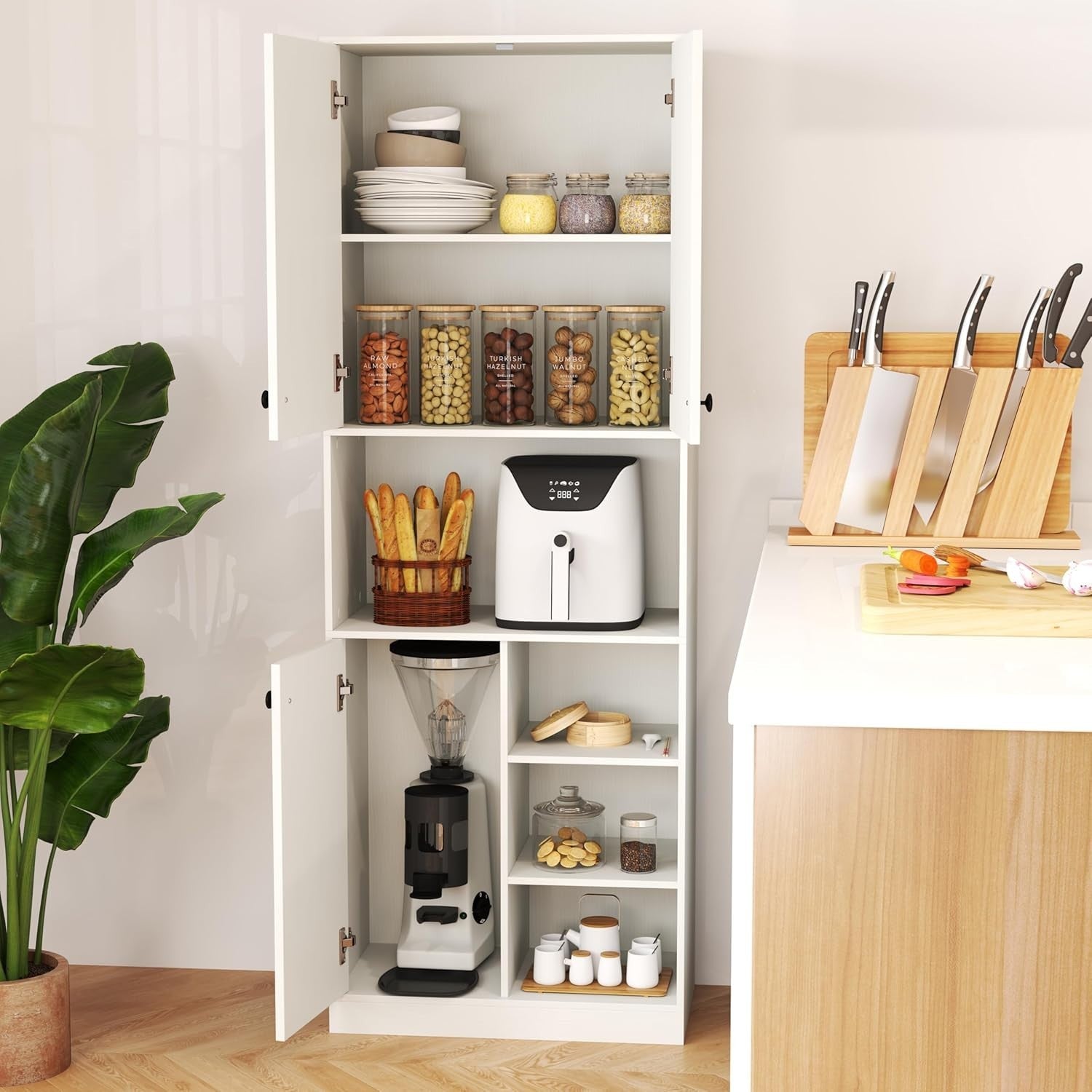 166cm Tall Kitchen Cupboard White 3 Doors Open Shelves Anti-Tip