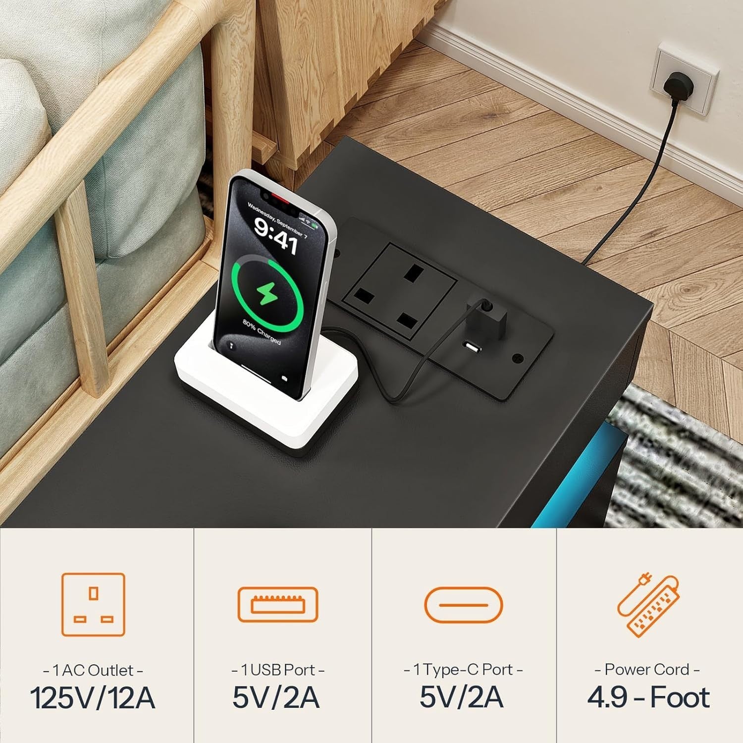 Modern Black LED Bedside Table with Charging Station & 2 Drawers