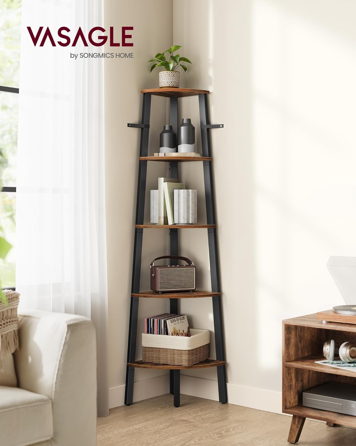5-Tier Industrial Corner Shelf Unit Rustic Brown & Black Space-Saving Ladder