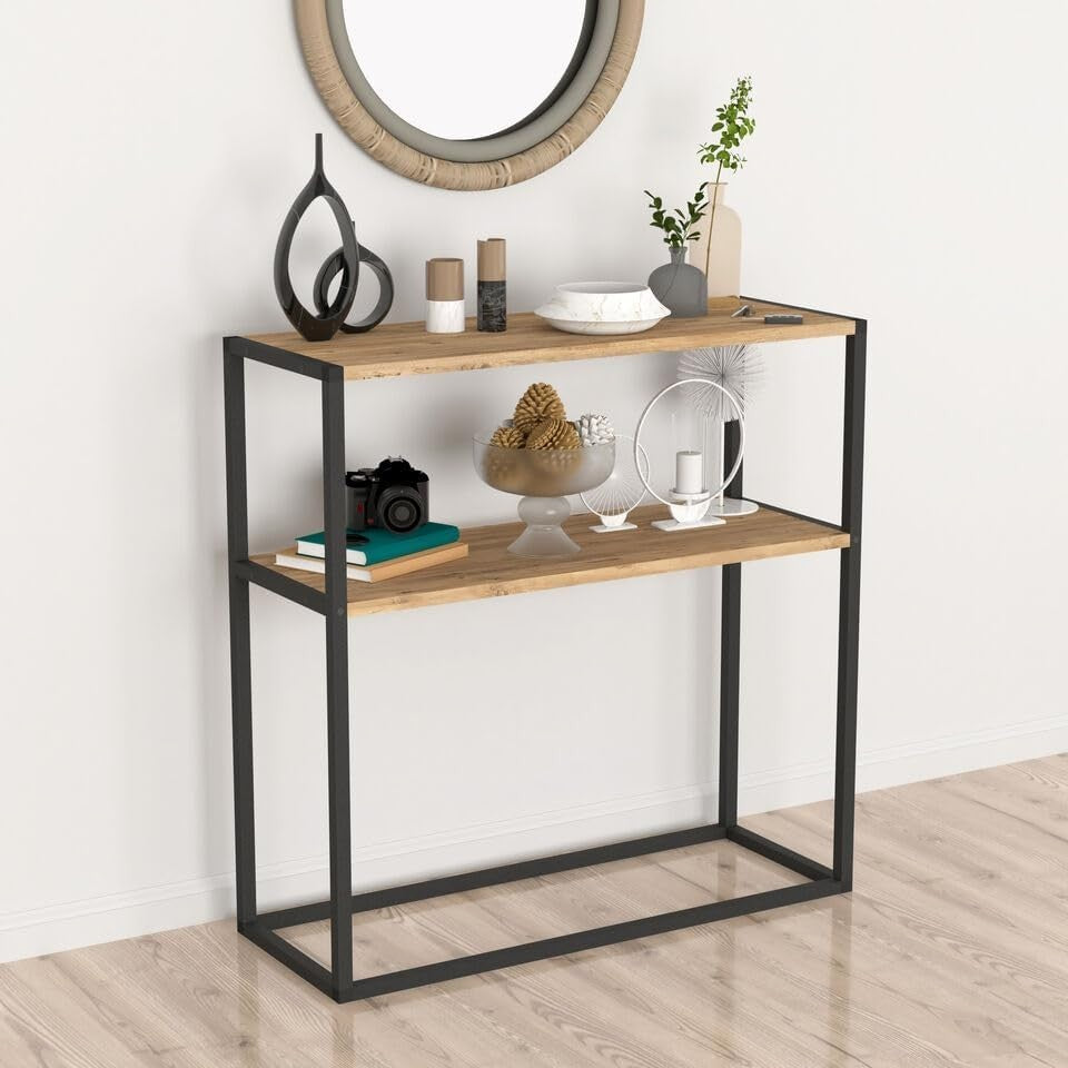 Slim 2-Tier Console Table with Wooden Top & Sturdy Metal Frame for Small Spaces