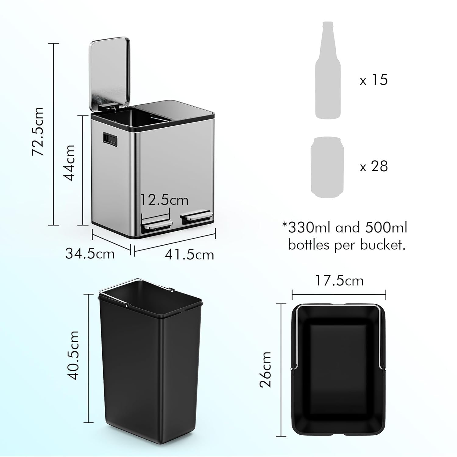 30L Double Recycling Bin Stainless Steel 2x15L Pedal Kitchen