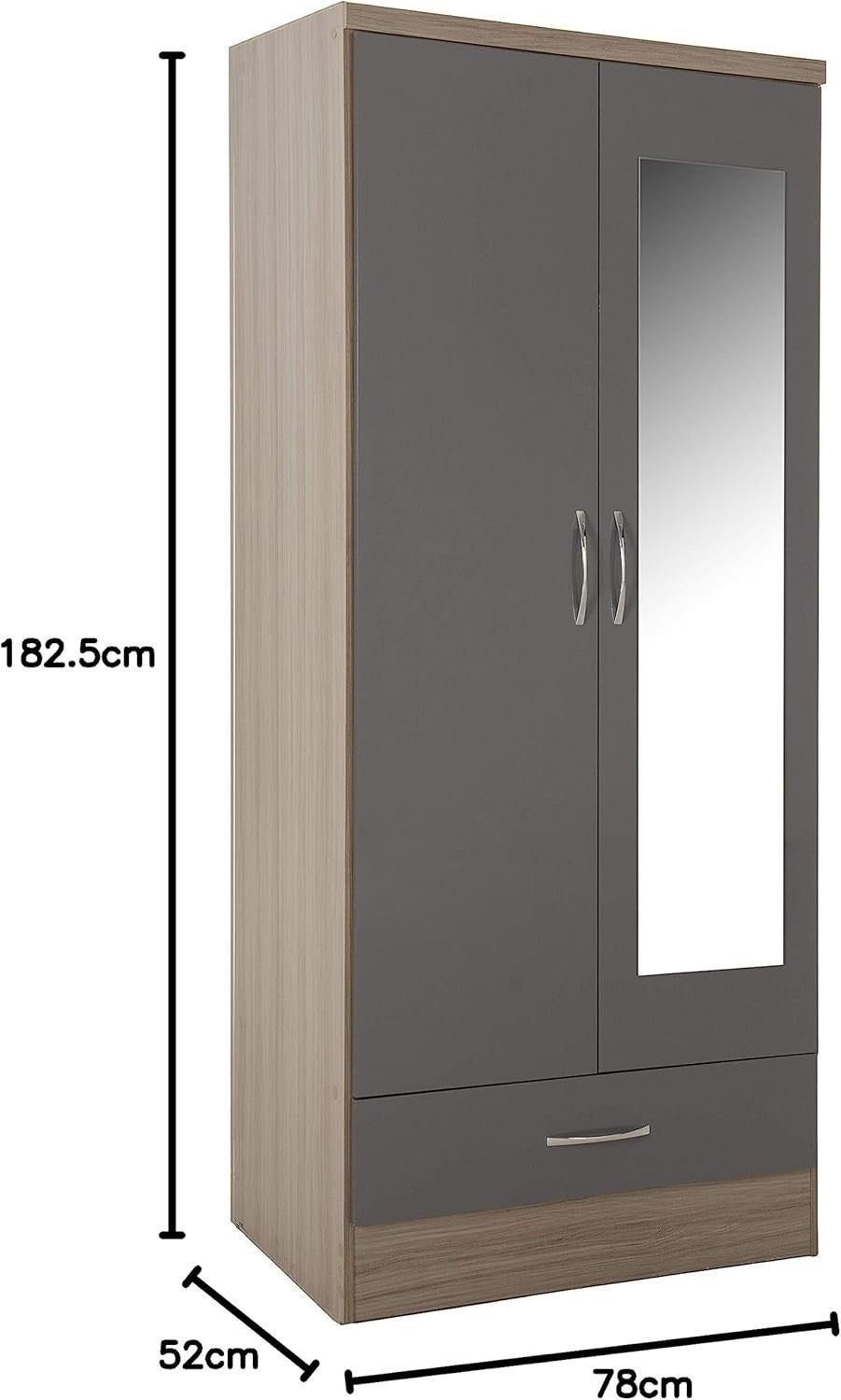 2 Door Mirrored Wardrobe with Drawer – Grey Gloss Oak Bedroom Storage