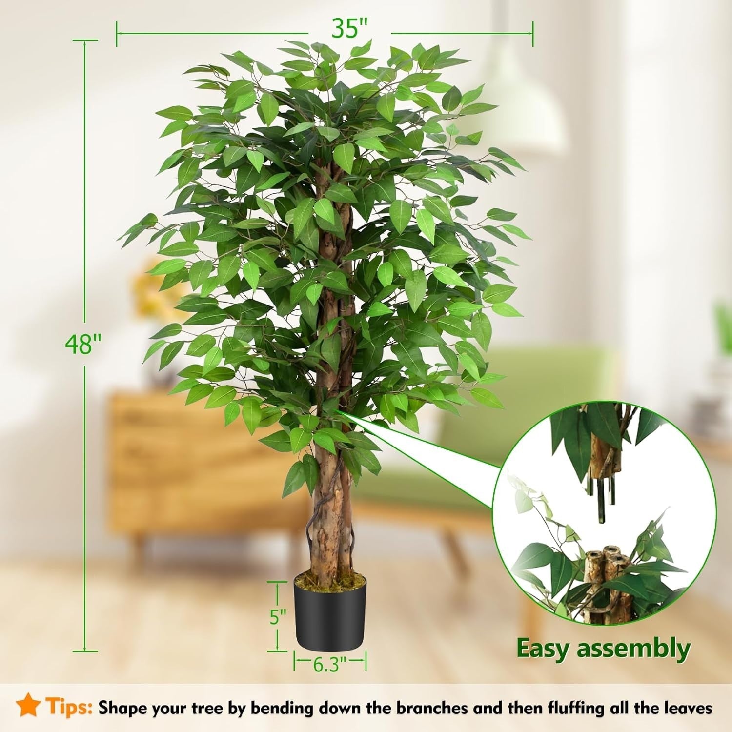 4ft Artificial Ficus Trees Set of 2 Curved Trunk Lush Green Indoor Decor Plants