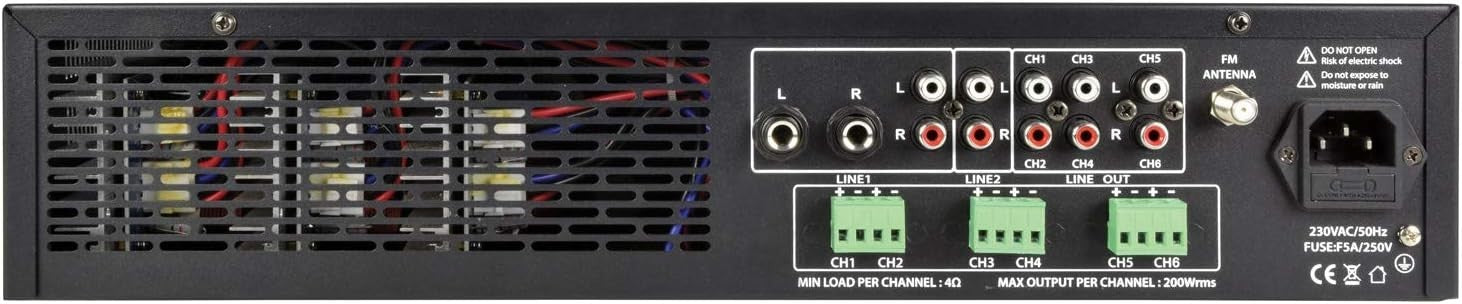 6-Channel Multi-Zone Stereo Amplifier 6x200W Bluetooth FM USB SD