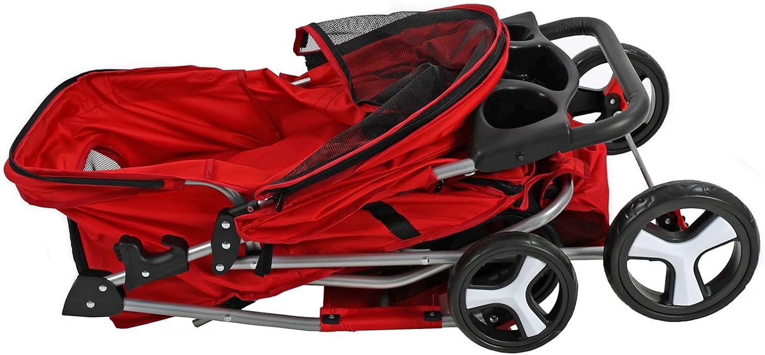 Pet Travel Stroller Dog Cat Pushchair Foldable Swivel Wheels 15kg + Rain Cover
