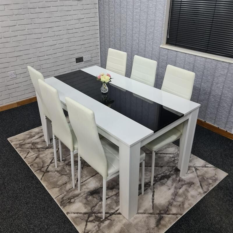 White Black Dining Table Set with 6 Leather Chairs Modern MDF 140cm