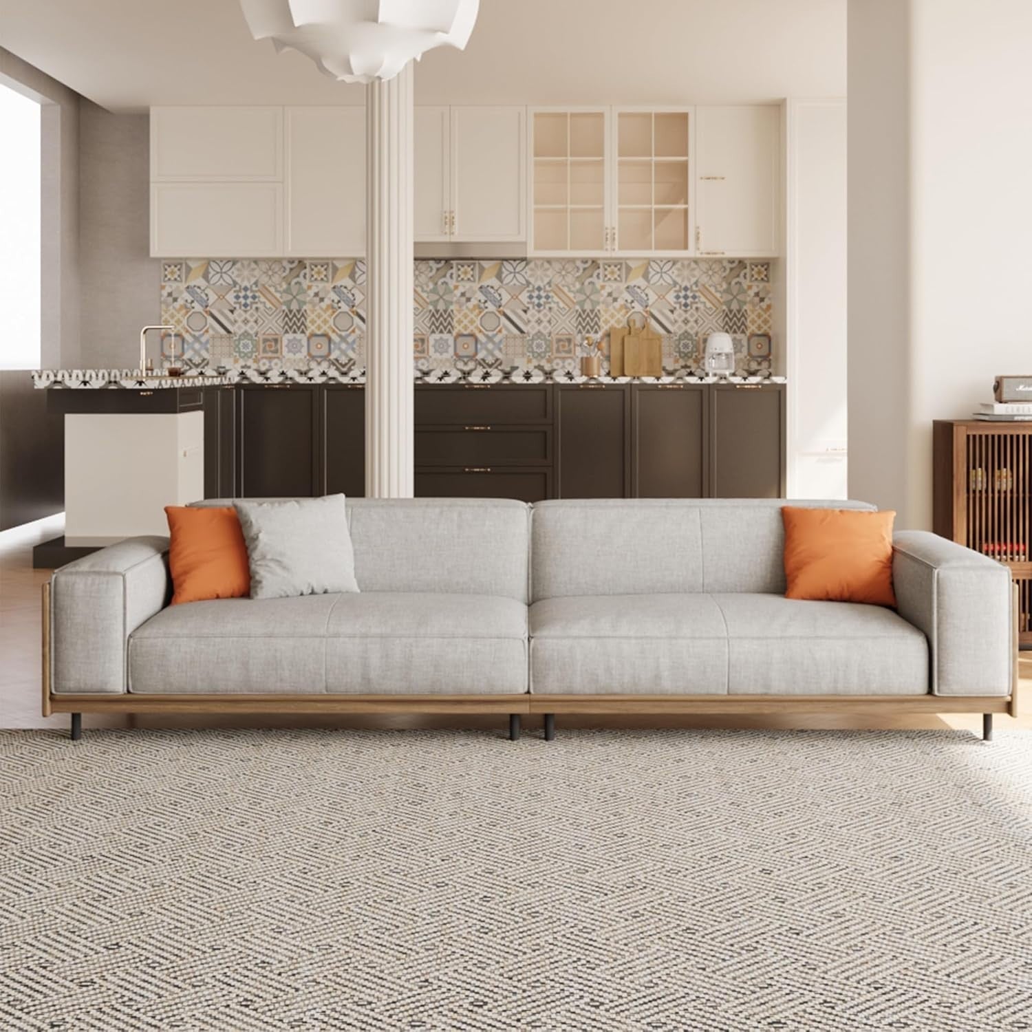 Modern Light Grey 4-Seater Sofa with Wooden Base & Decorative Cushions