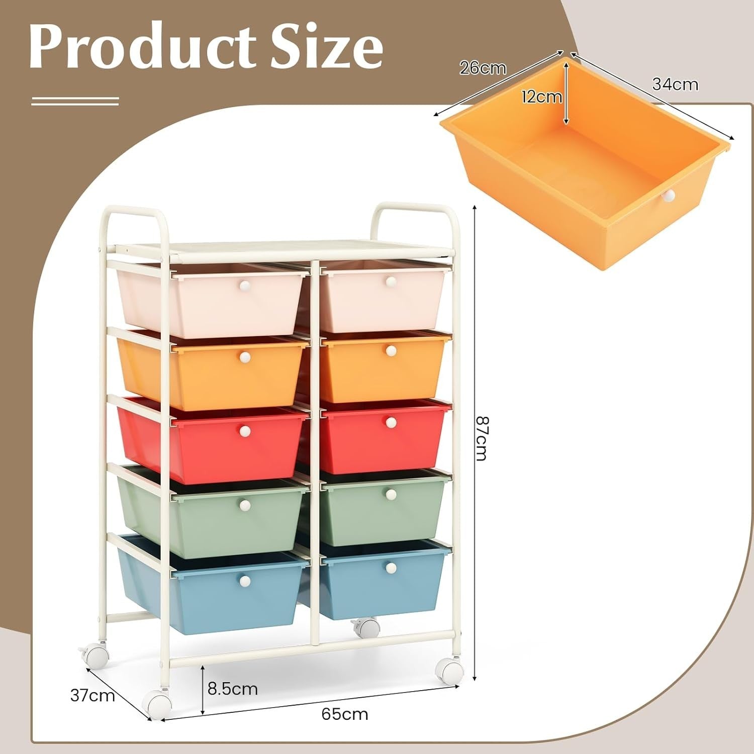 Macaron 10 Drawer Rolling Storage Cart Utility Organizer Trolley Wheels
