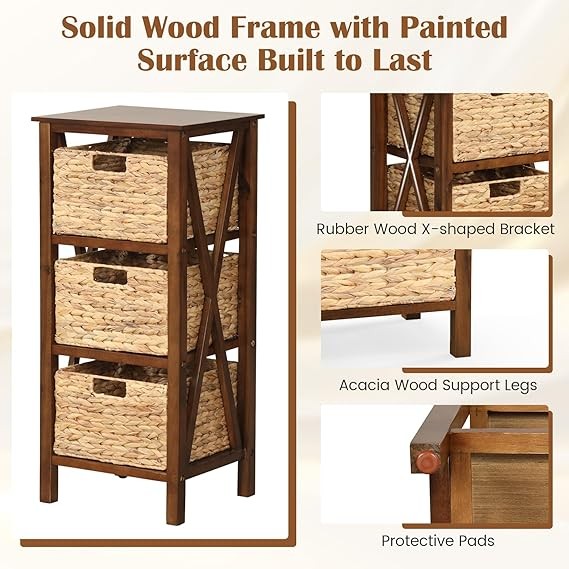 2x Walnut 3-Tier Bedside Tables with Seagrass Baskets | Rustic Tall Nightstands