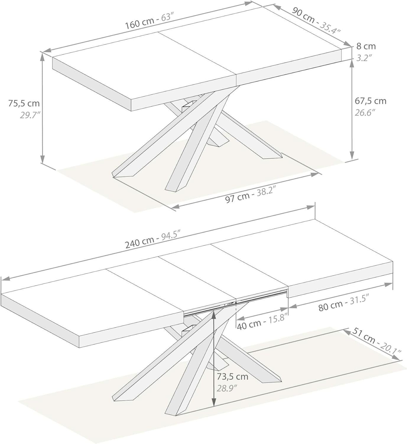 Extendable Walnut Dining Table 160–240cm w/ White Cross Legs Modern