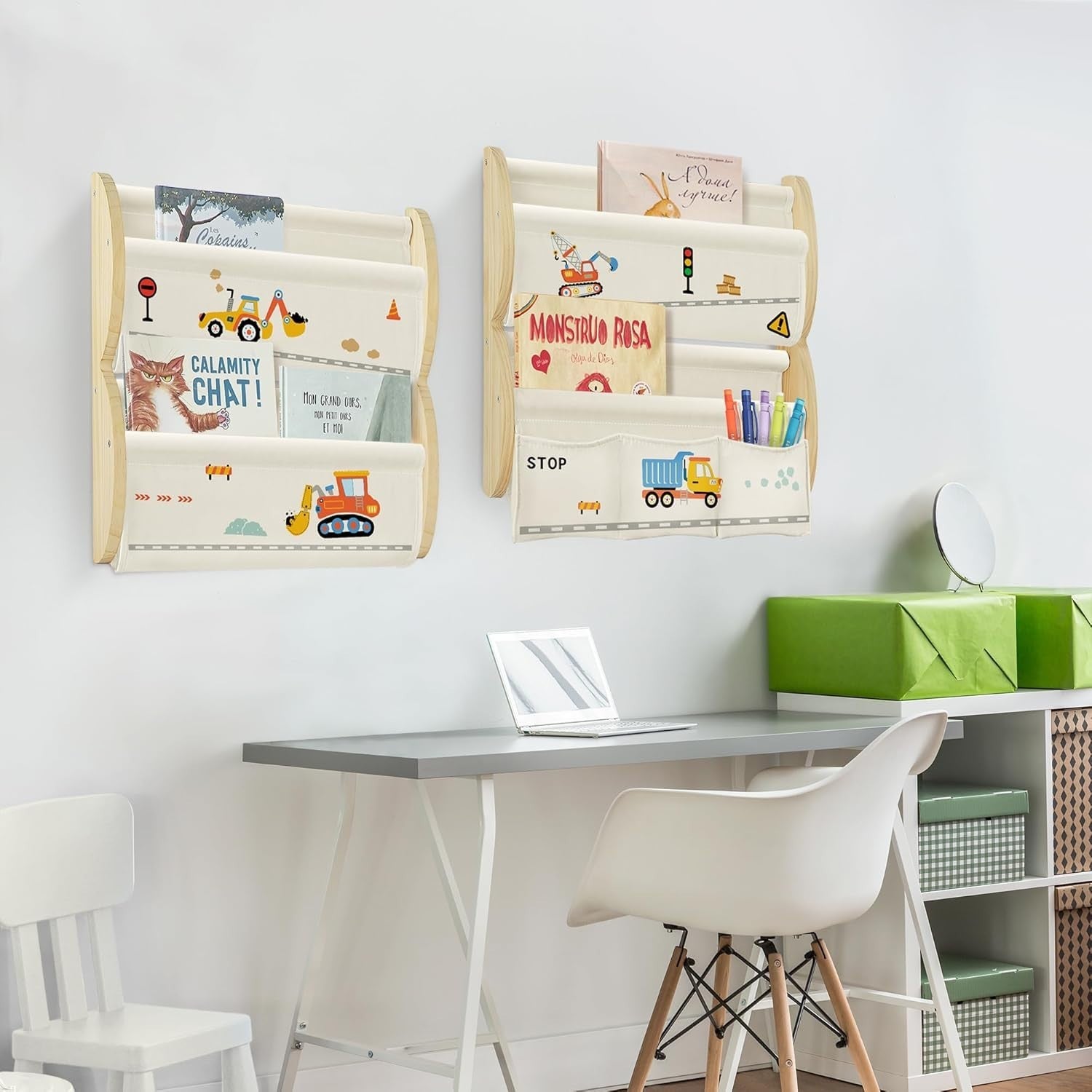 Montessori Kids Bookshelf Wall Mounted 4 Tier Display Storage Rack Shelf