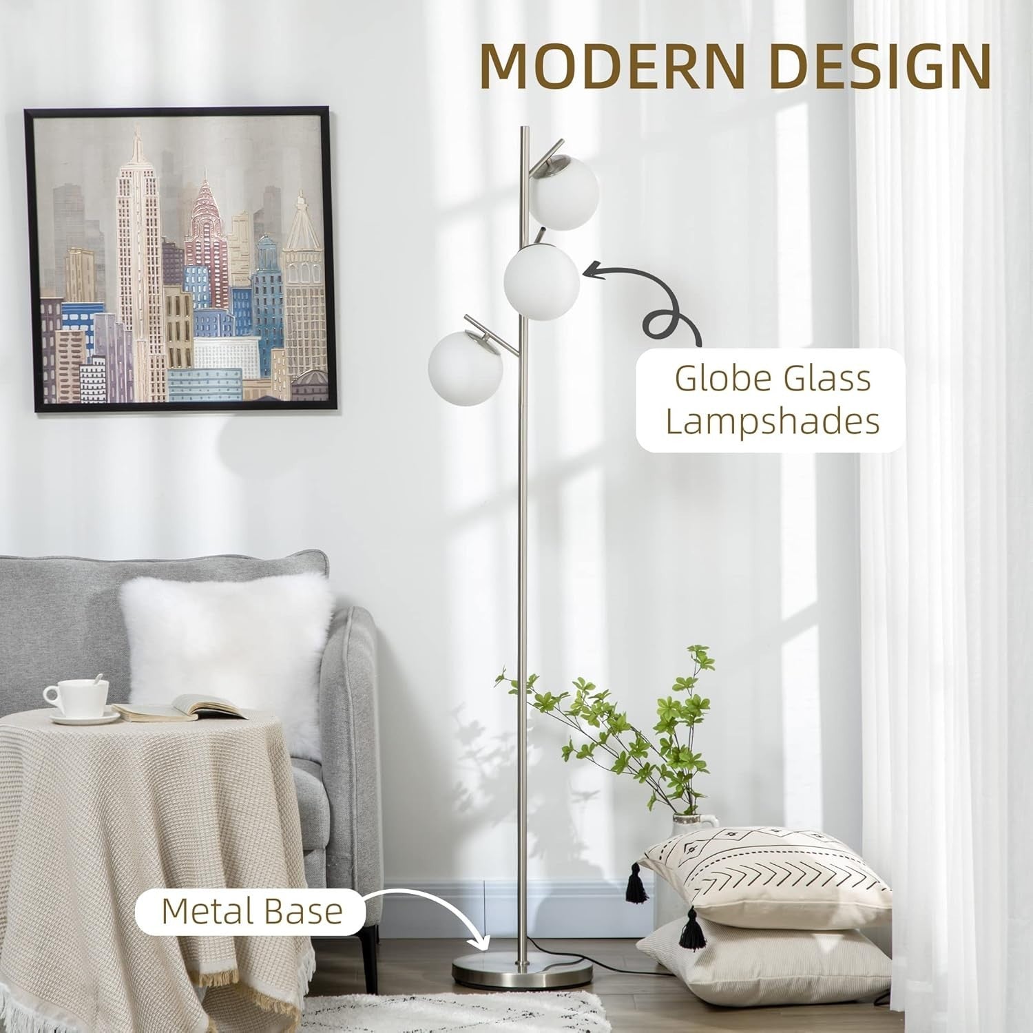 Modern 3-Light Tree Floor Lamp with Globe Shades & Sturdy Steel Base