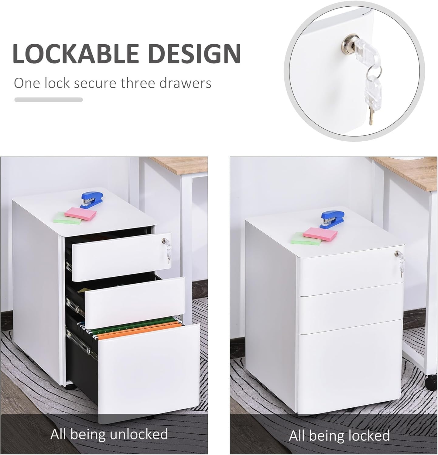White 3 Drawer Mobile Filing Cabinet Lockable Steel A4 Letter Office Storage