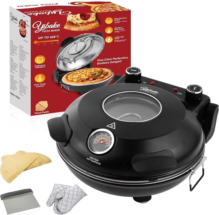 31cm Electric Pizza Oven 1200W Dual Temp Stone Base Fast Heat Black