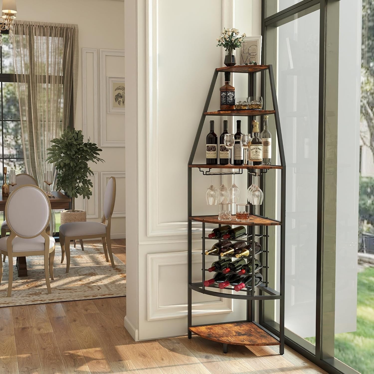 5-Tier Corner Wine Rack with Glass Holders & Bottle Storage, Space-Saving Bar