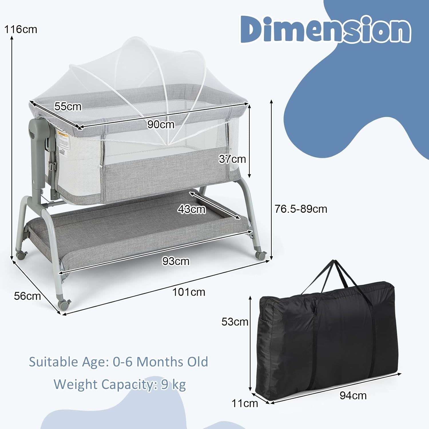 4in1 Baby Bedside Crib Adjustable Rocking Bassinet with Mattress & Storage