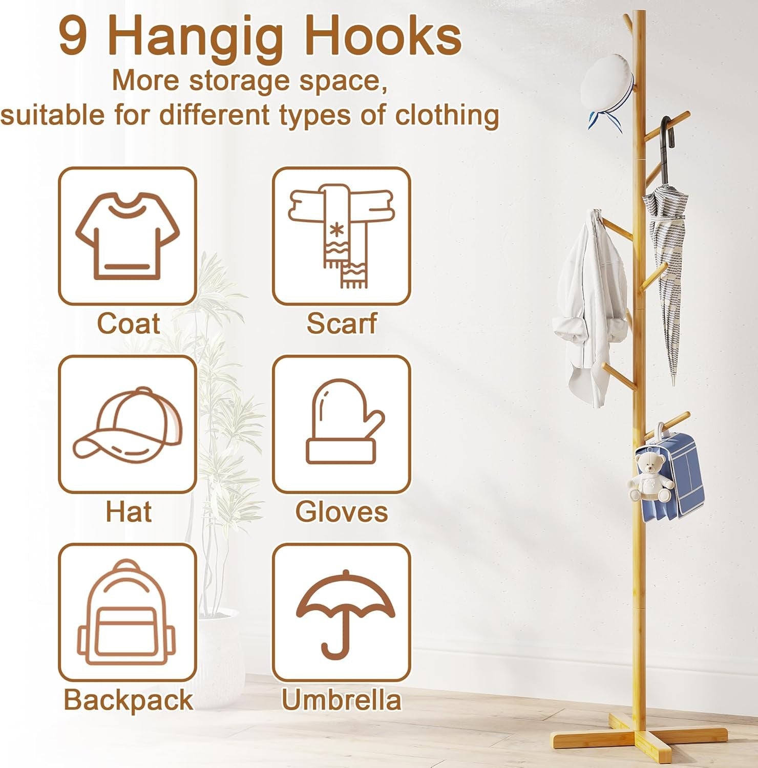 Freestanding Wooden Coat Rack 9 Hooks Adjustable Height Hall Tree Stand