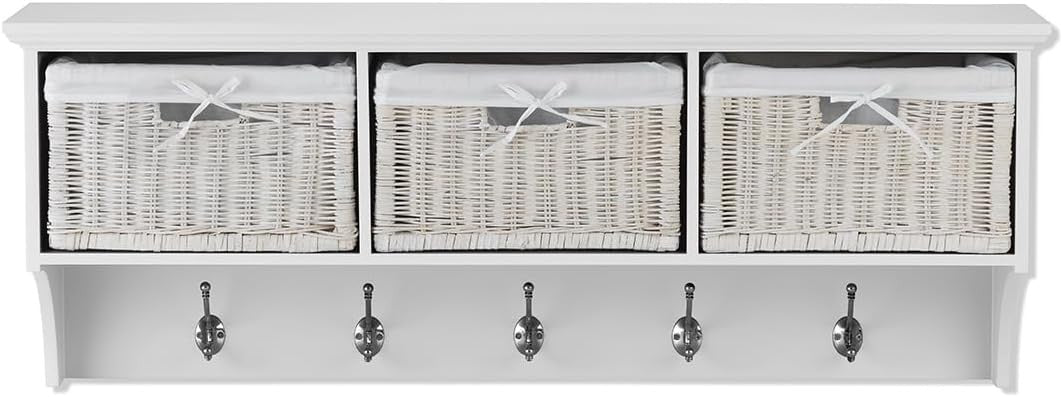 White Wall Mounted Coat Rack 3 Baskets 5 Double Hooks Hallway Storage Shelf
