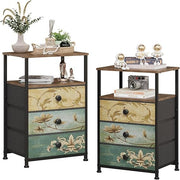 Vintage 3-Drawer Bedside Table Set with Open Shelf Storage | Rustic Metal Frame