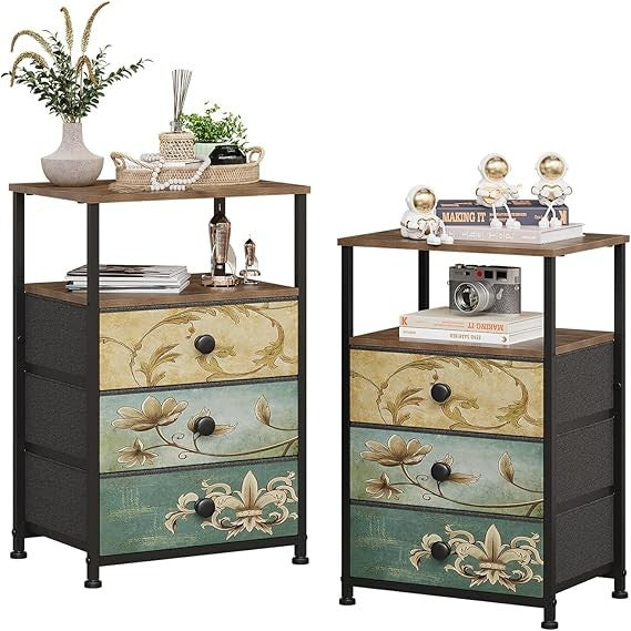 Vintage 3-Drawer Bedside Table Set with Open Shelf Storage | Rustic Metal Frame