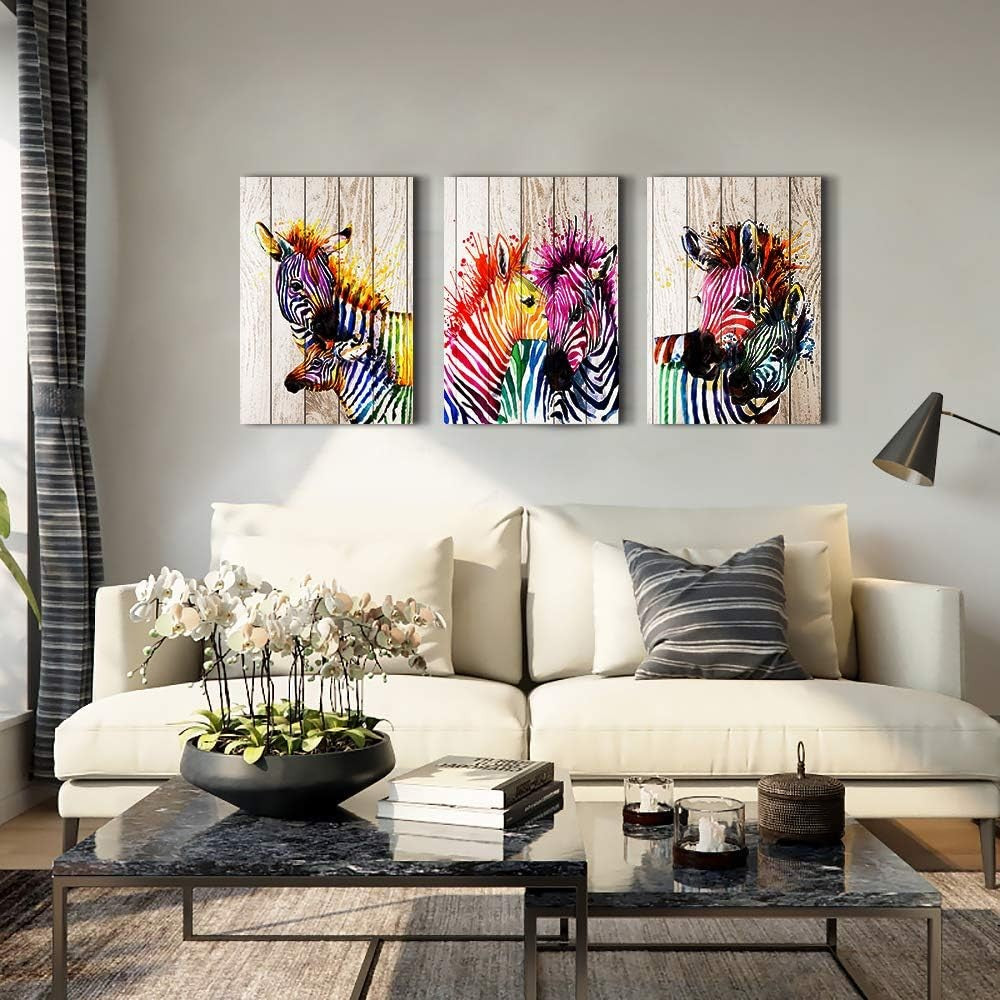 3Pcs Colorful Zebra Watercolor Canvas – Modern Animal Wall Art 12x16in