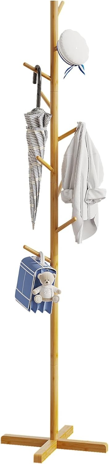 Freestanding Wooden Coat Rack 9 Hooks Adjustable Height Hall Tree Stand