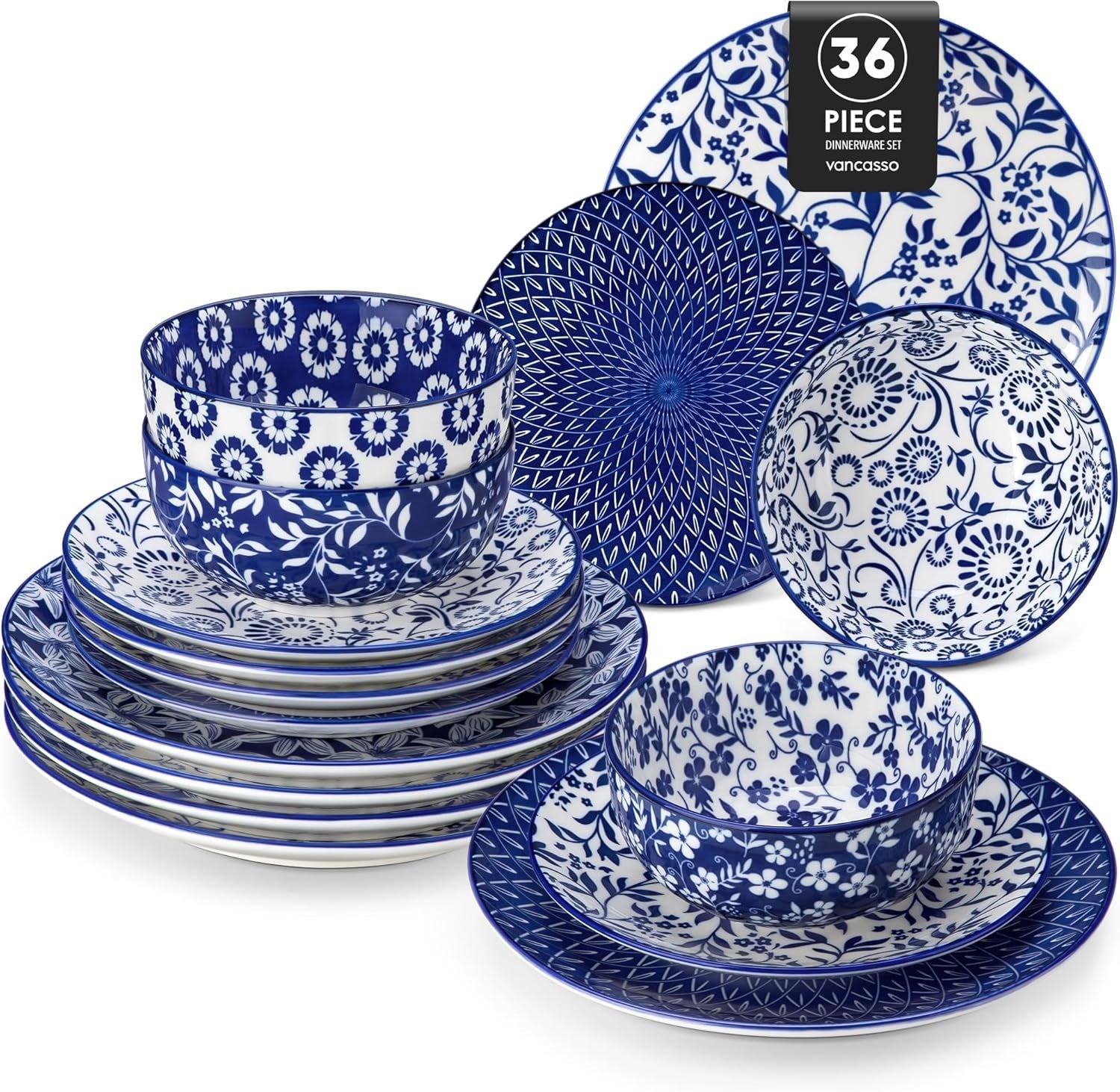 36pc Porcelain Dinnerware Set Blue White Plates Bowls Dishwasher Safe